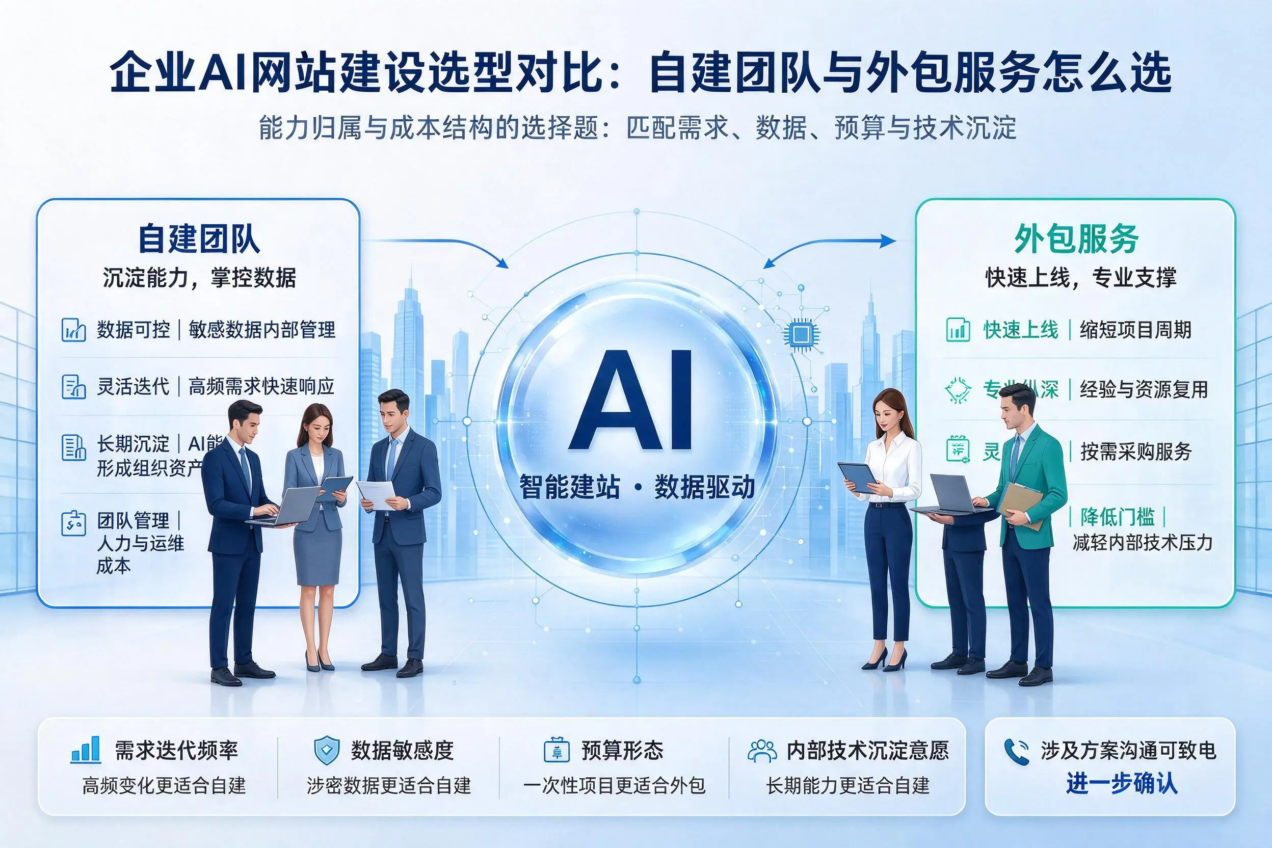 庆阳企业AI网站建设选型对比：自建团队与外包服务怎么选